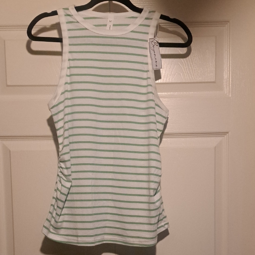🎍Brynmama-White & Green Striped Ladies Tank Cool & simple 4 summer Heat Casual